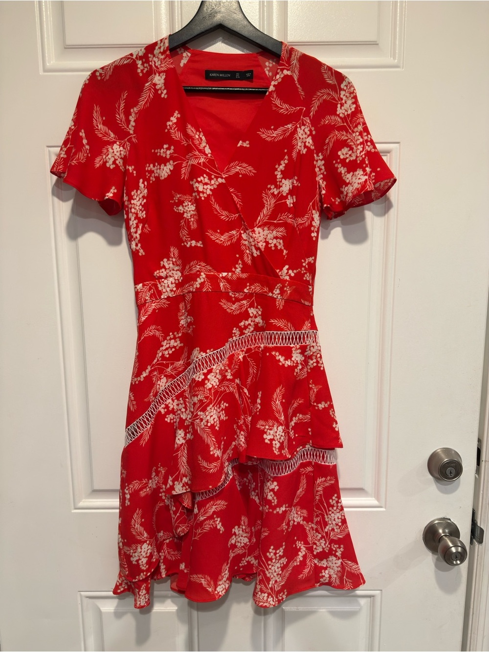 Karen Millen Red Floral Ruffle Wrap Mini Dress - US 2 / UK 6